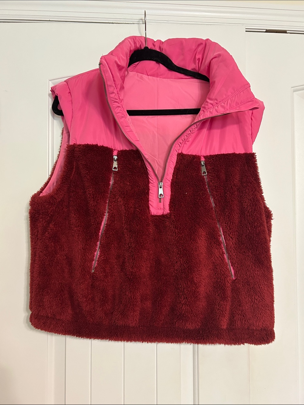 Amazon Pink & Burgundy Women's Fuzzy Puffer Vest